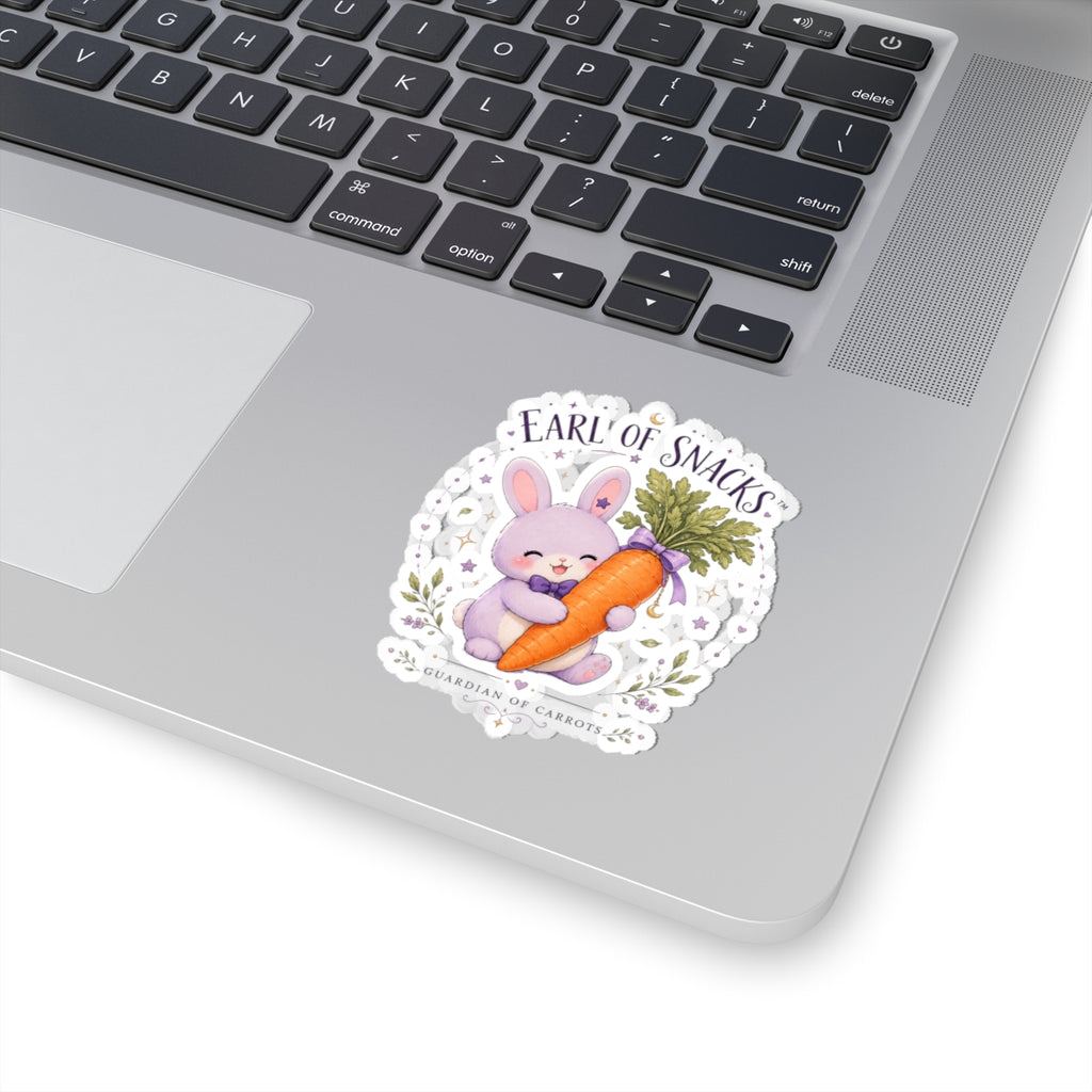 Earl of Snacks Bunny Sticker — Cute Kiss-Cut Rabbit Hugging Carrot