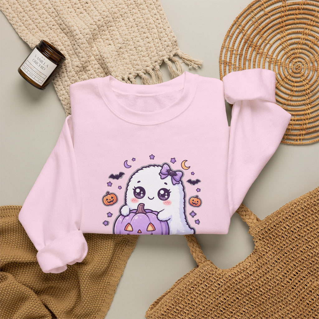 Crewneck Sweatshirt — "Too Cute to Spook" Ghost Pumpkin Halloween Pullover