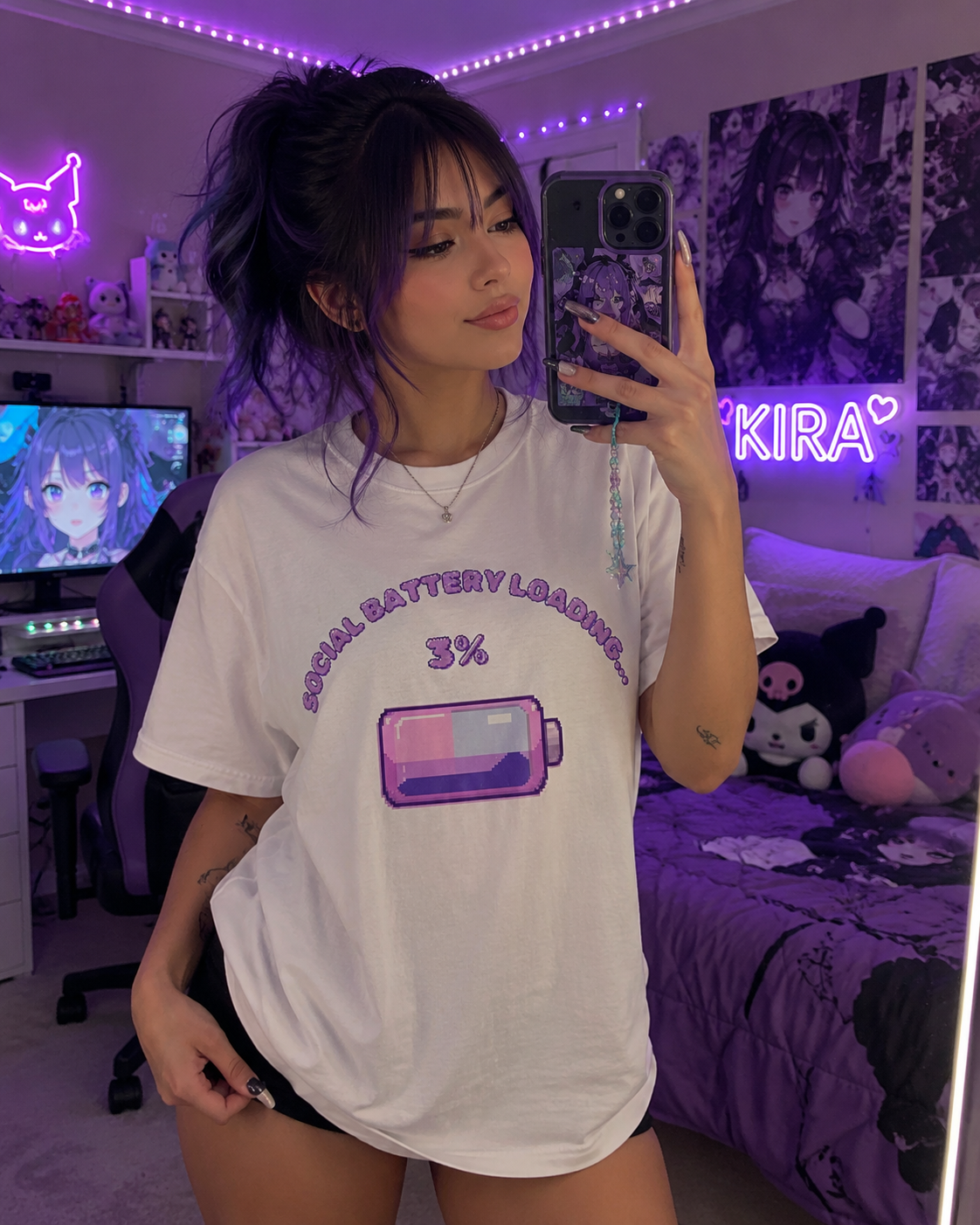 Social Battery Low 3% Battery Graphic T-Shirt | Cute Pastel Phone Icon