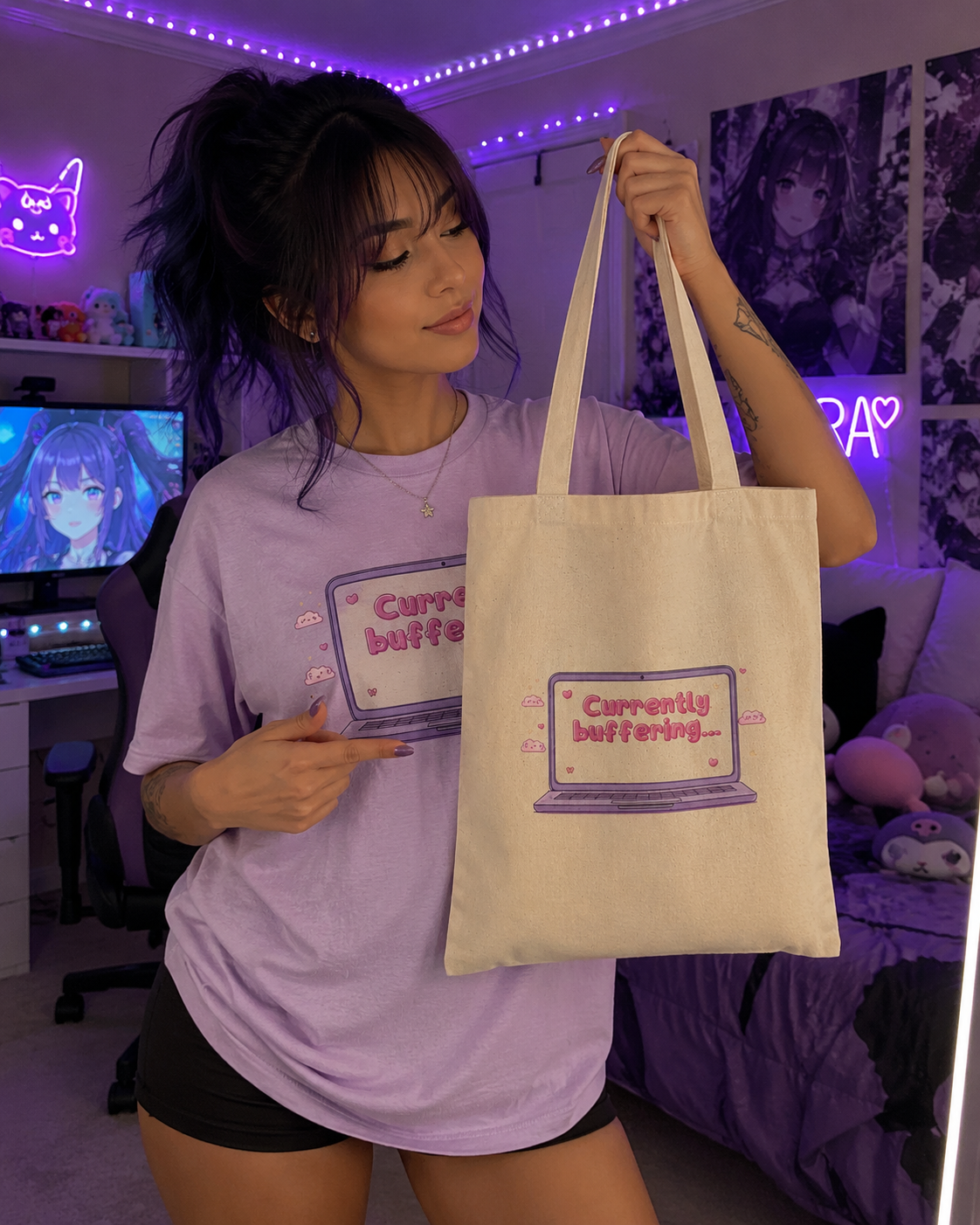 Canvas Tote Bag — "Currently Buffering" Cute Laptop Graphic, Cute Aesthetic Cotton Shopper
