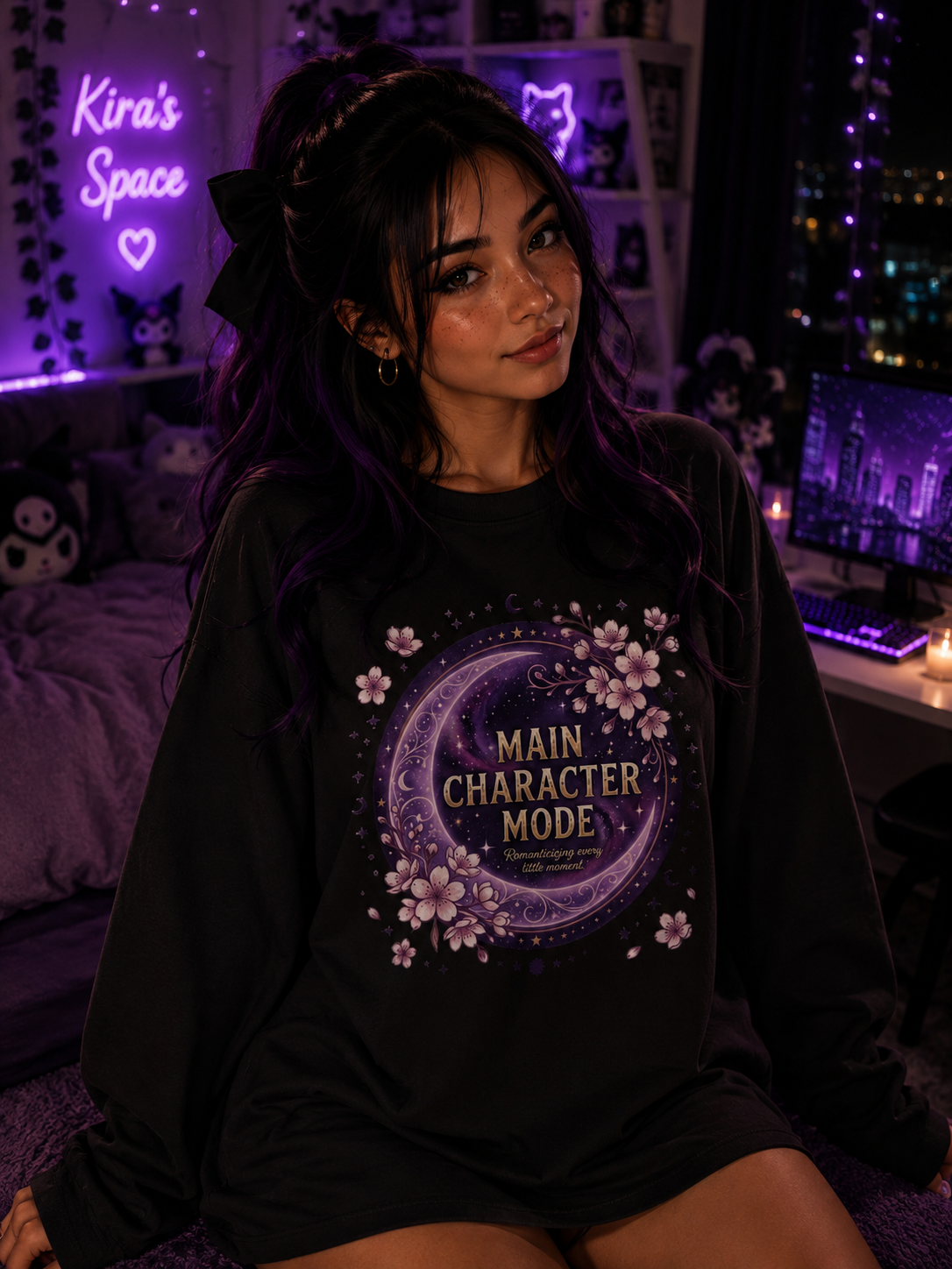 Main Character Mode Sweatshirt — Purple Floral Moon Crewneck