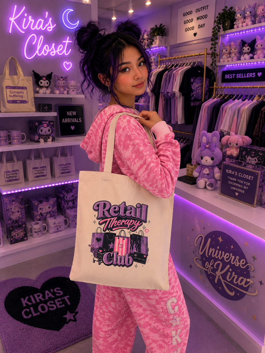 Tote Bag — "Retail Therapy Club" Pink Shopping Bags Canvas Tote