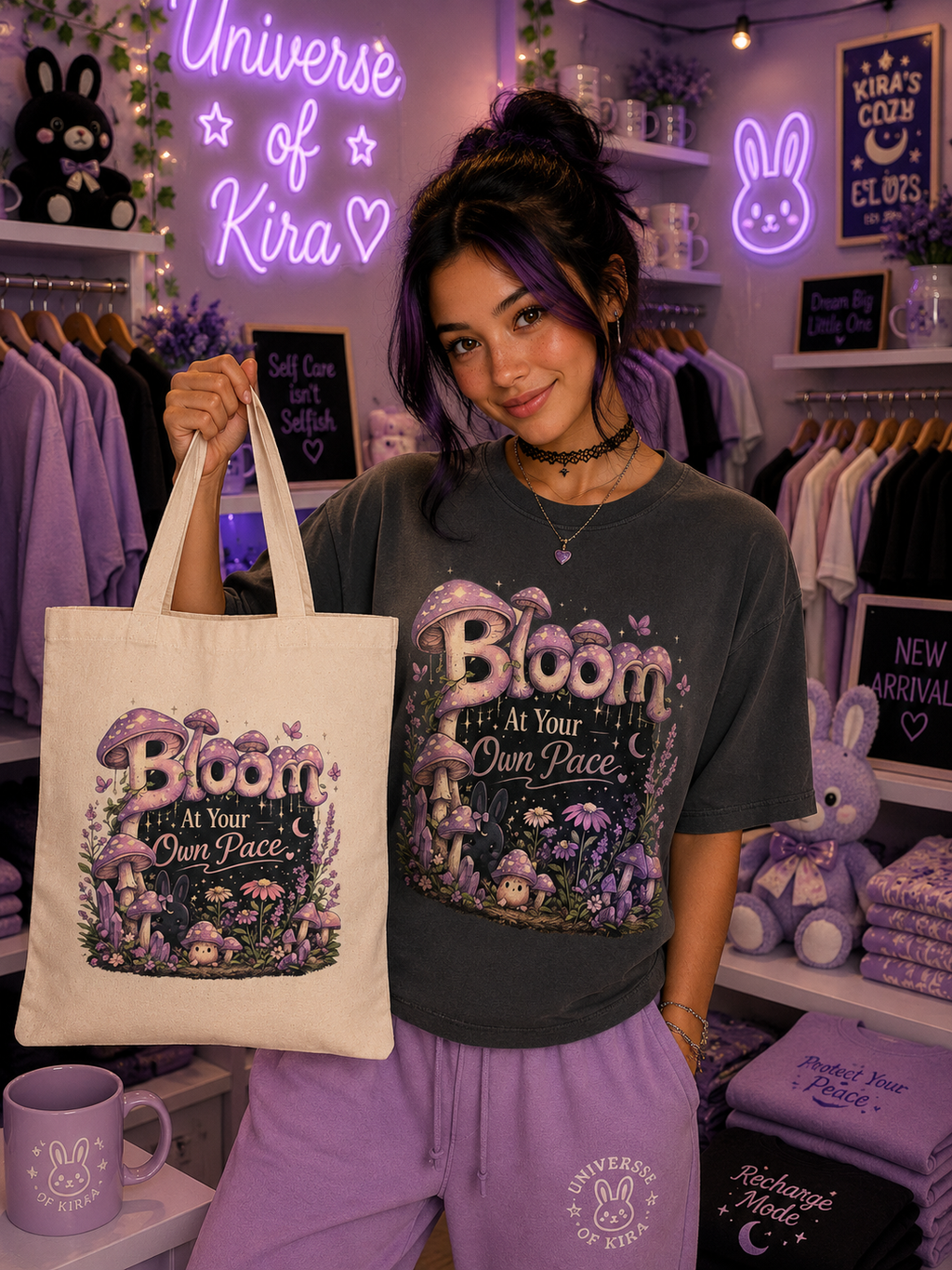 Tote Bag — "Bloom at Your Own Pace" Floral Mushroom Canvas Tote
