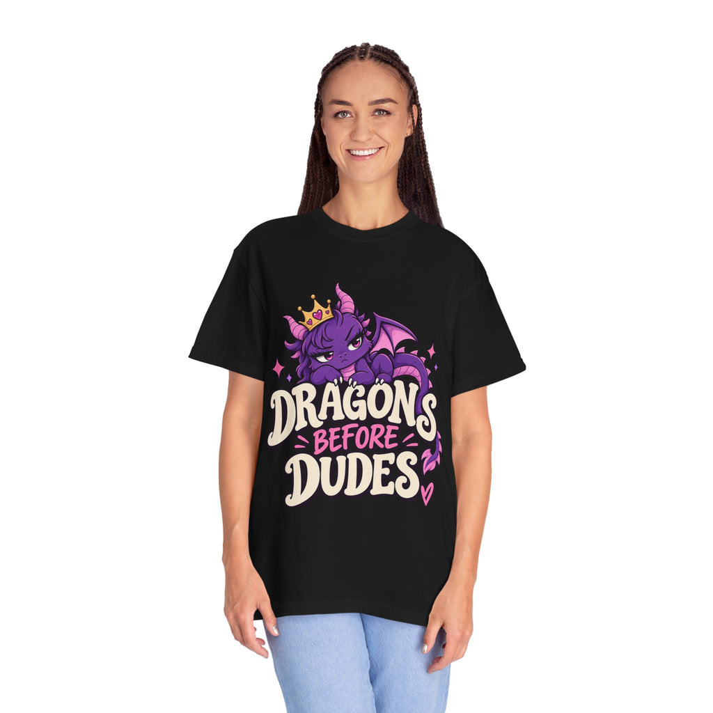 Dragons Before Dudes T-Shirt — Cute Purple Dragon Graphic Tee for Women & Fans