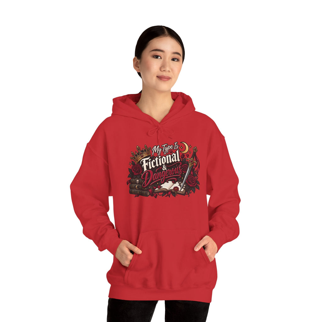 Hoodie — "My Type Is Fictional (Dangerous)" Booklover Graphic Pullover