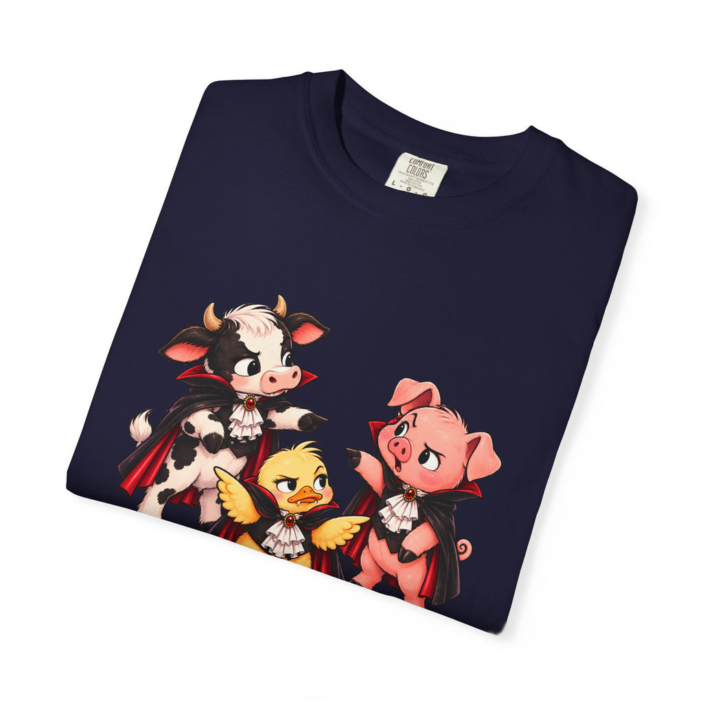 "This is why we have a wardrobe meeting first!" Cow, Pig & Chick Cartoon Graphic Tee