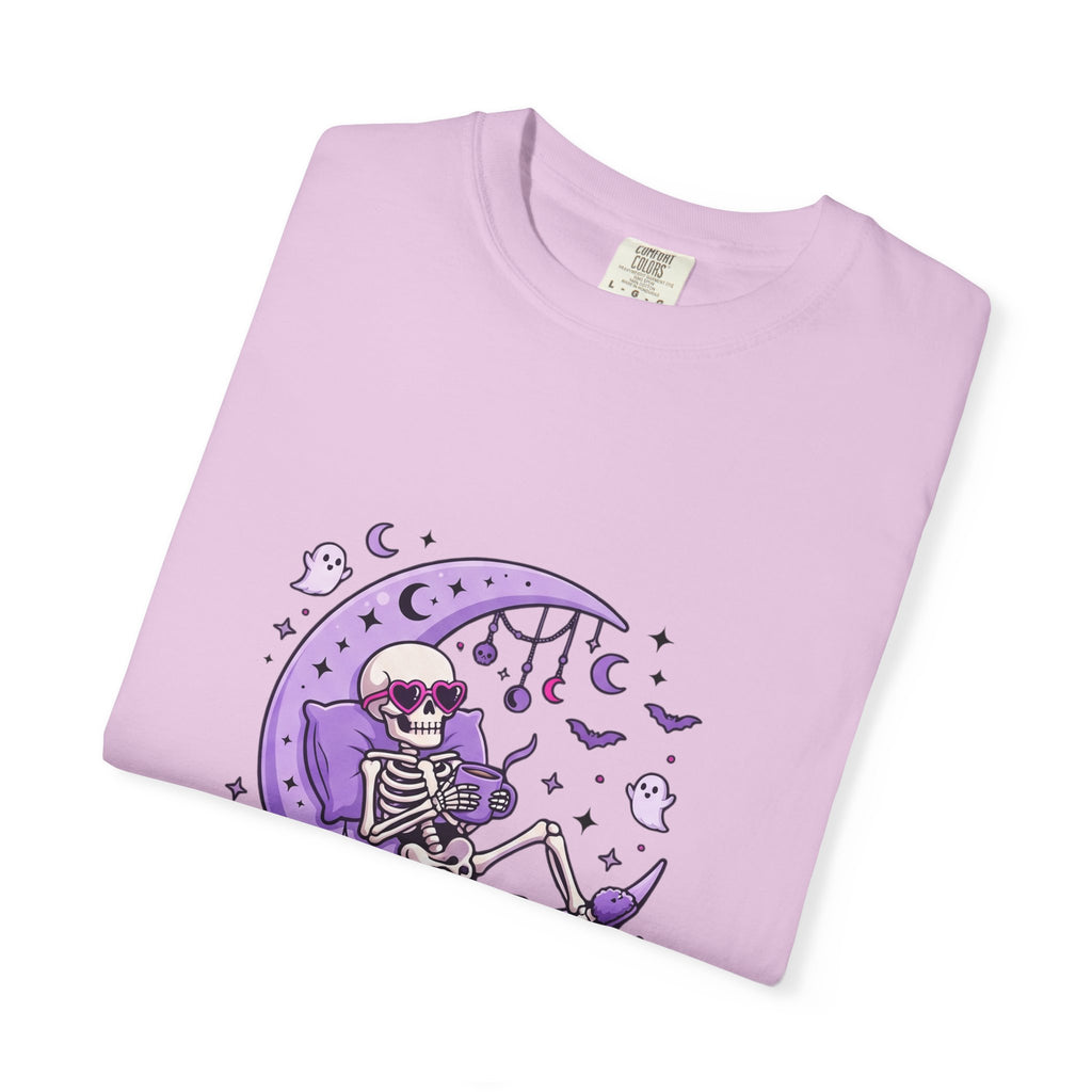 Spooky & Unbothered Skeleton Moon T-Shirt — Relaxed Gothic Graphic Tee