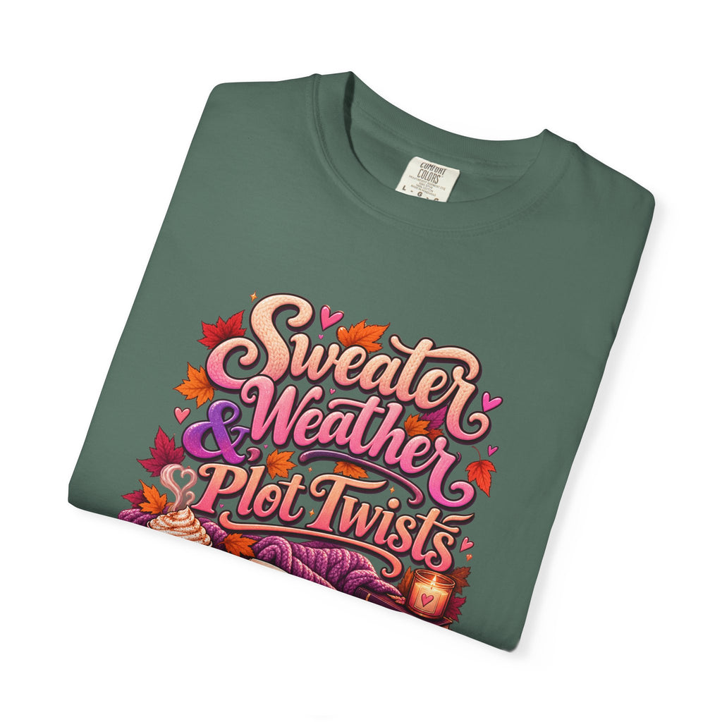 Sweater Weather Plot Twists Tee — Cozy Autumn Book Lover T-Shirt