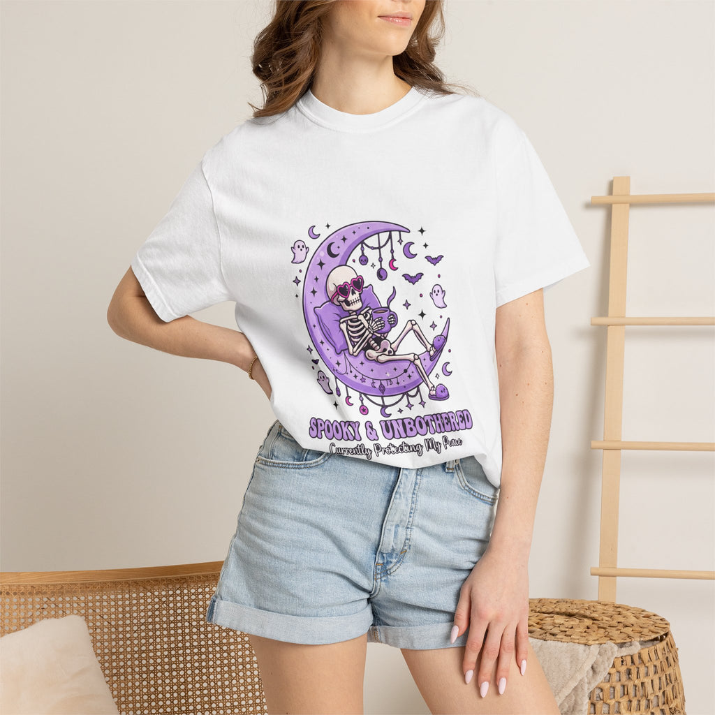 Spooky & Unbothered Skeleton Moon T-Shirt — Relaxed Gothic Graphic Tee