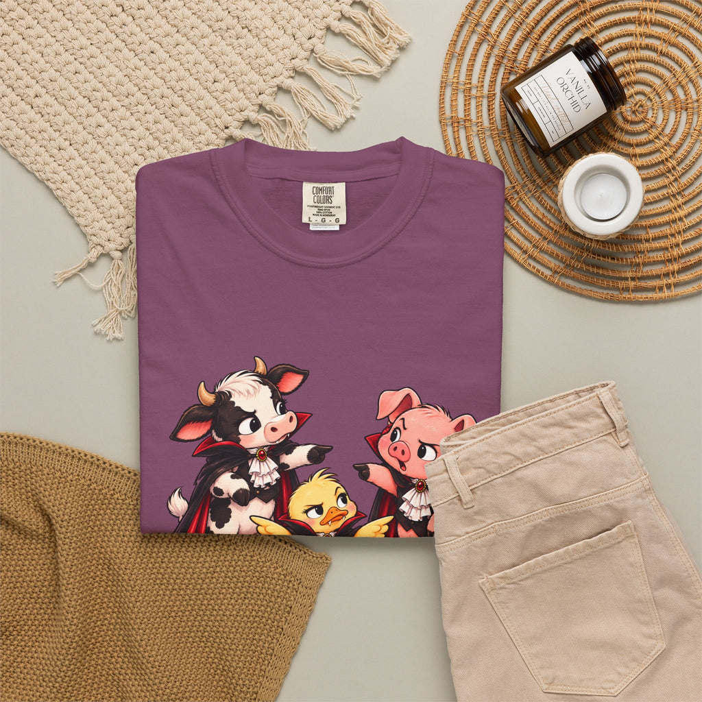 "This is why we have a wardrobe meeting first!" Cow, Pig & Chick Cartoon Graphic Tee