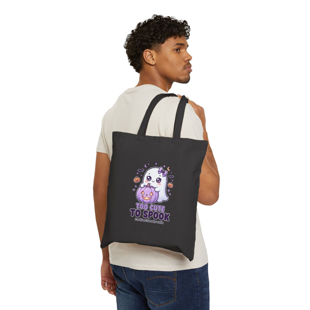 Cute Ghost Halloween Tote Bag - "Too Cute to Spook" Cotton Canvas Trick-or-Treat Shopping Bag