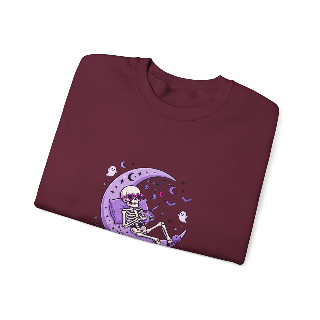 Skeleton on Moon Crewneck Sweatshirt — "Spooky & Unsocialized" Purple Gothic Graphic