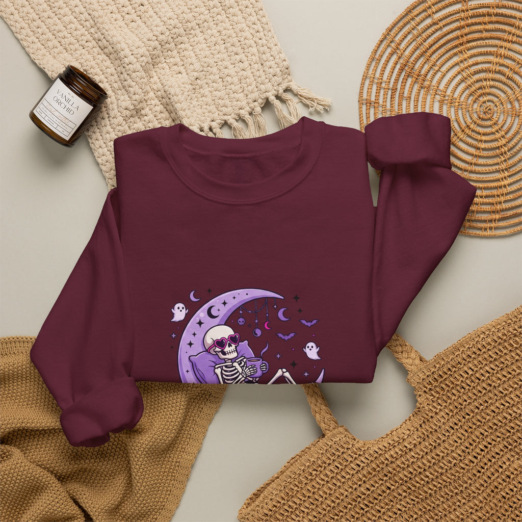 Skeleton on Moon Crewneck Sweatshirt — "Spooky & Unsocialized" Purple Gothic Graphic