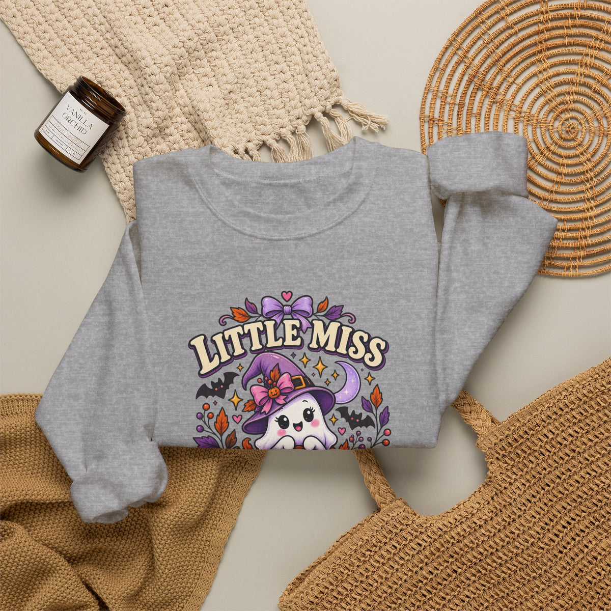Little Miss Spooky Season Sweatshirt — Cute Halloween Ghost & Pumpkin Crewneck