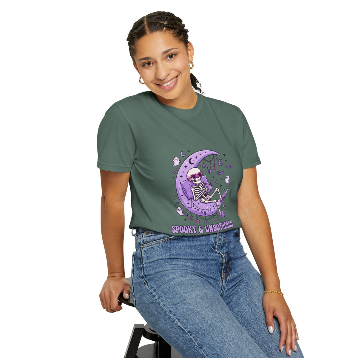 Spooky & Unbothered Skeleton Moon T-Shirt — Relaxed Gothic Graphic Tee