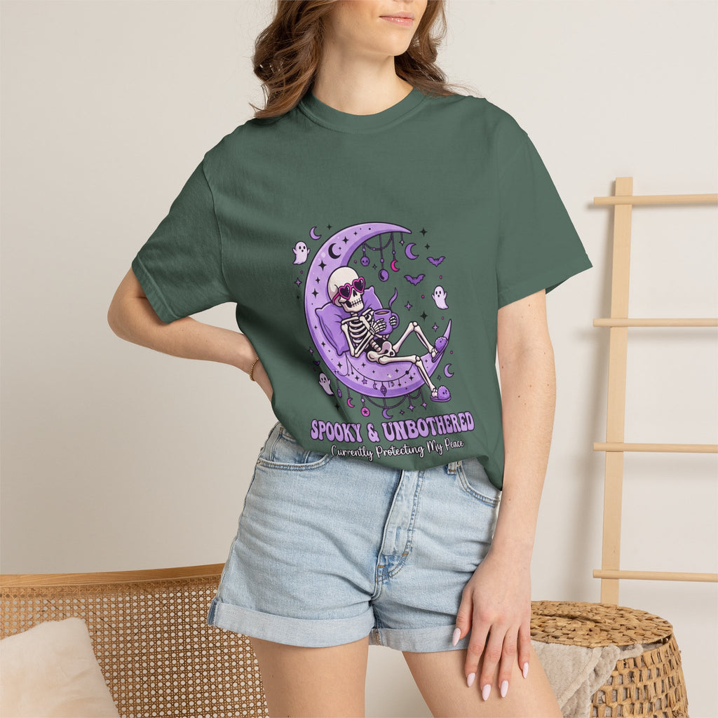 Spooky & Unbothered Skeleton Moon T-Shirt — Relaxed Gothic Graphic Tee