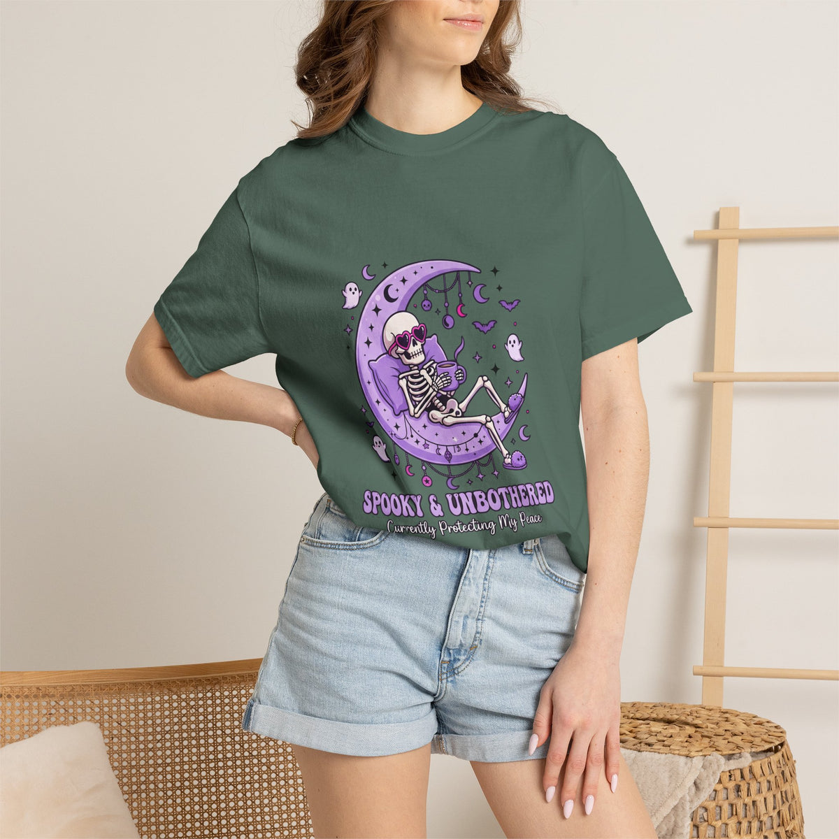 Spooky & Unbothered Skeleton Moon T-Shirt — Relaxed Gothic Graphic Tee