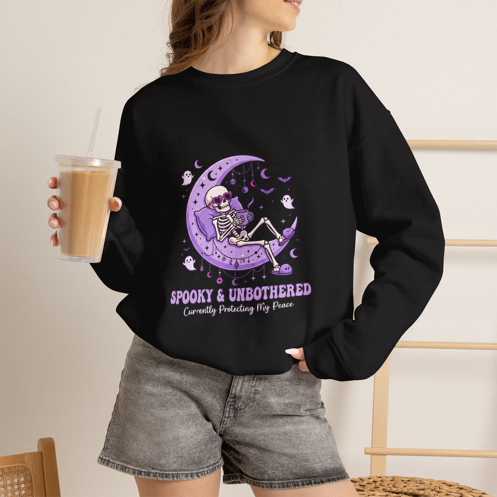 Skeleton on Moon Crewneck Sweatshirt — "Spooky & Unsocialized" Purple Gothic Graphic