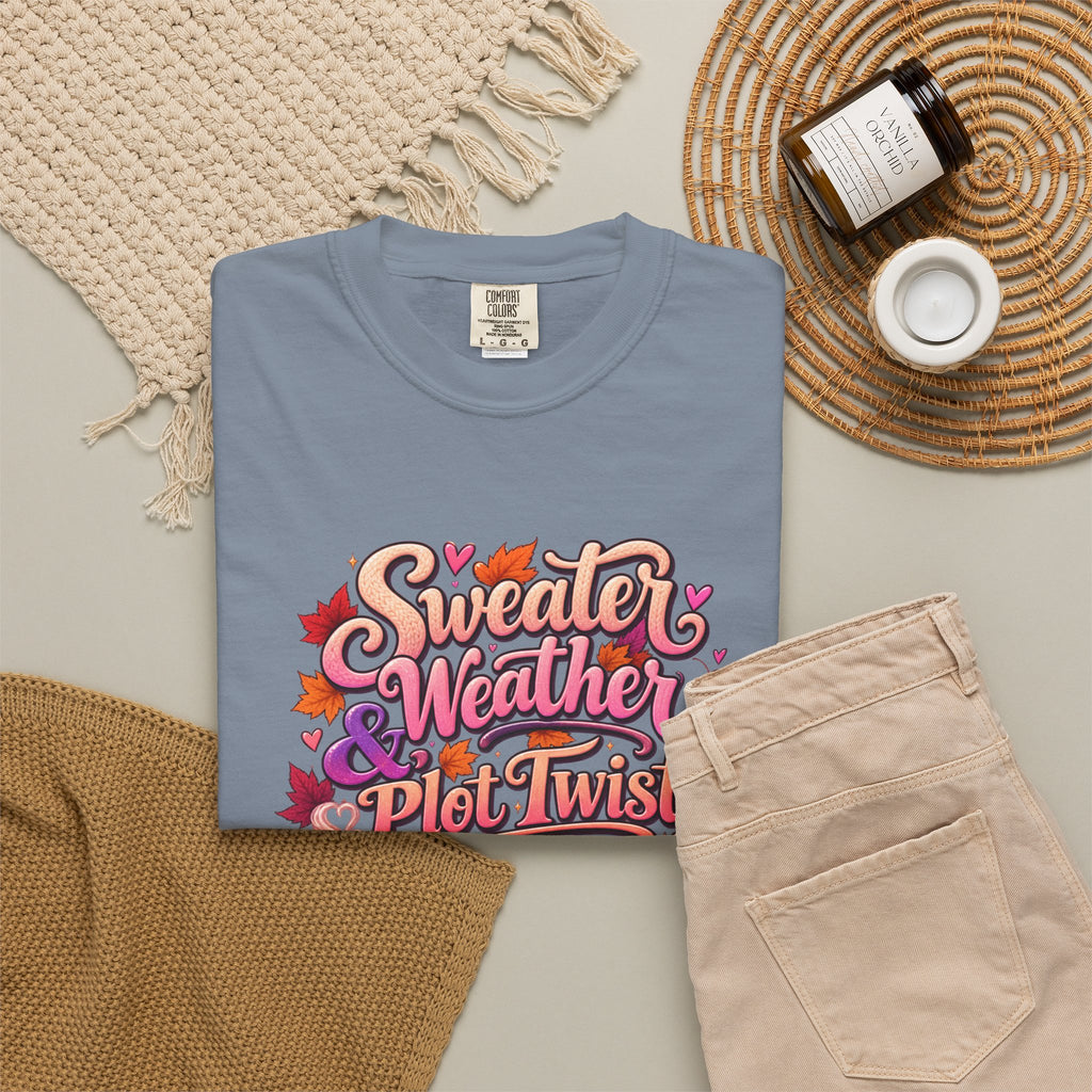 Sweater Weather Plot Twists Tee — Cozy Autumn Book Lover T-Shirt