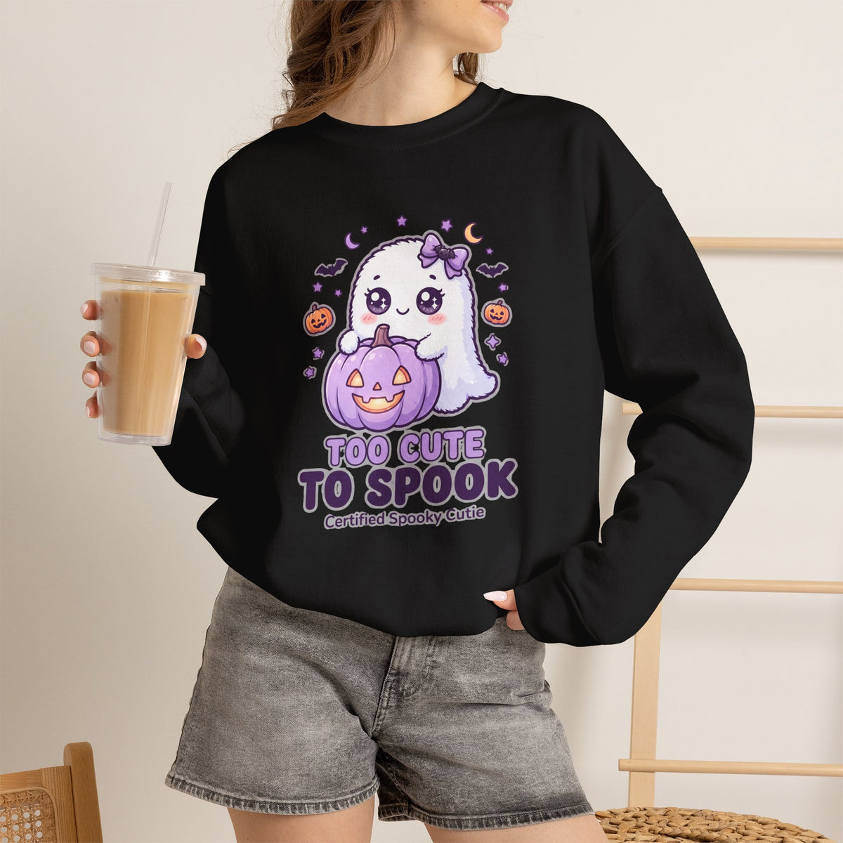 Crewneck Sweatshirt — "Too Cute to Spook" Ghost Pumpkin Halloween Pullover