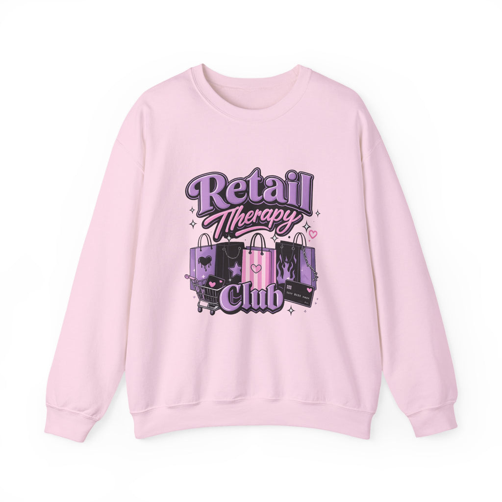 Retail Therapy Club Sweatshirt — Cute Pink & Purple Shopping Graphic Crewneck