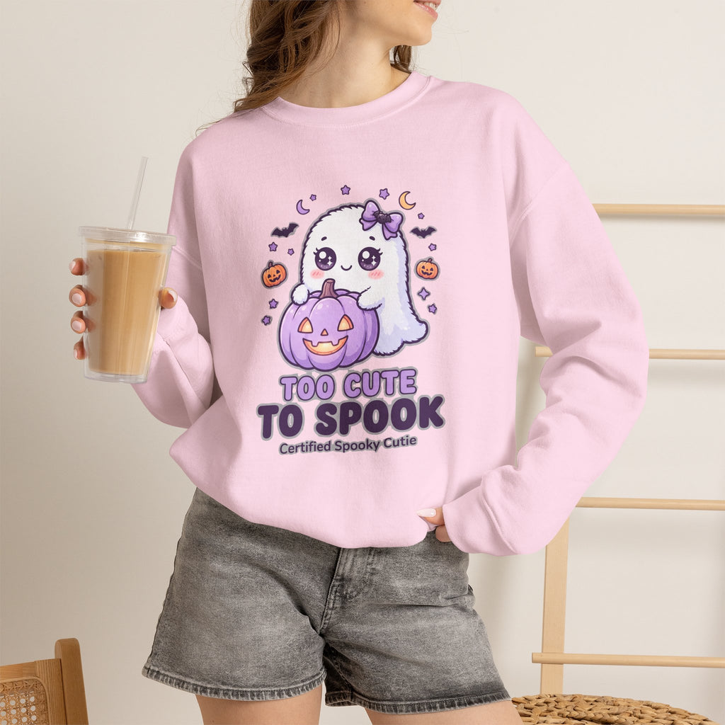 Crewneck Sweatshirt — "Too Cute to Spook" Ghost Pumpkin Halloween Pullover