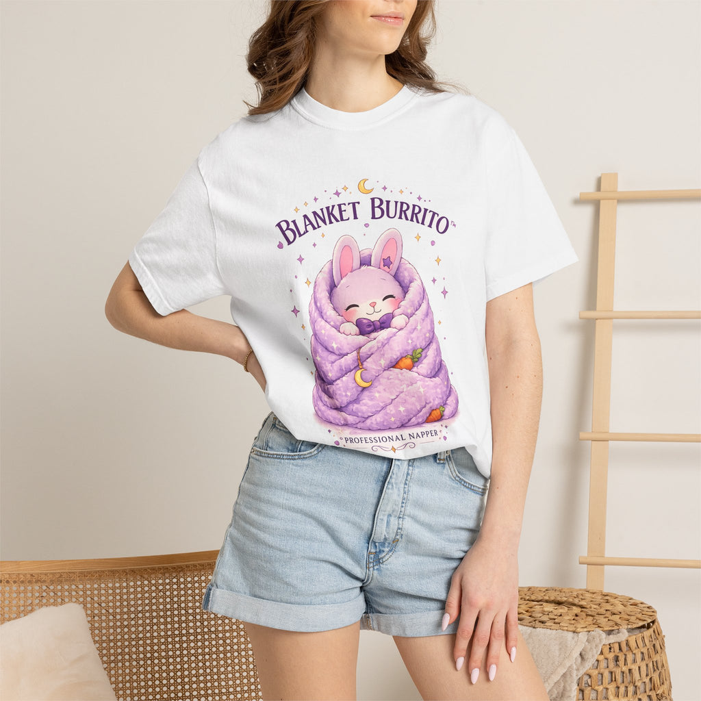Blanket Burrito T‑Shirt — Cute Bunny Wrapped in Cozy Purple Blanket (Sleepy Comfort, Gift for Animal Lovers)