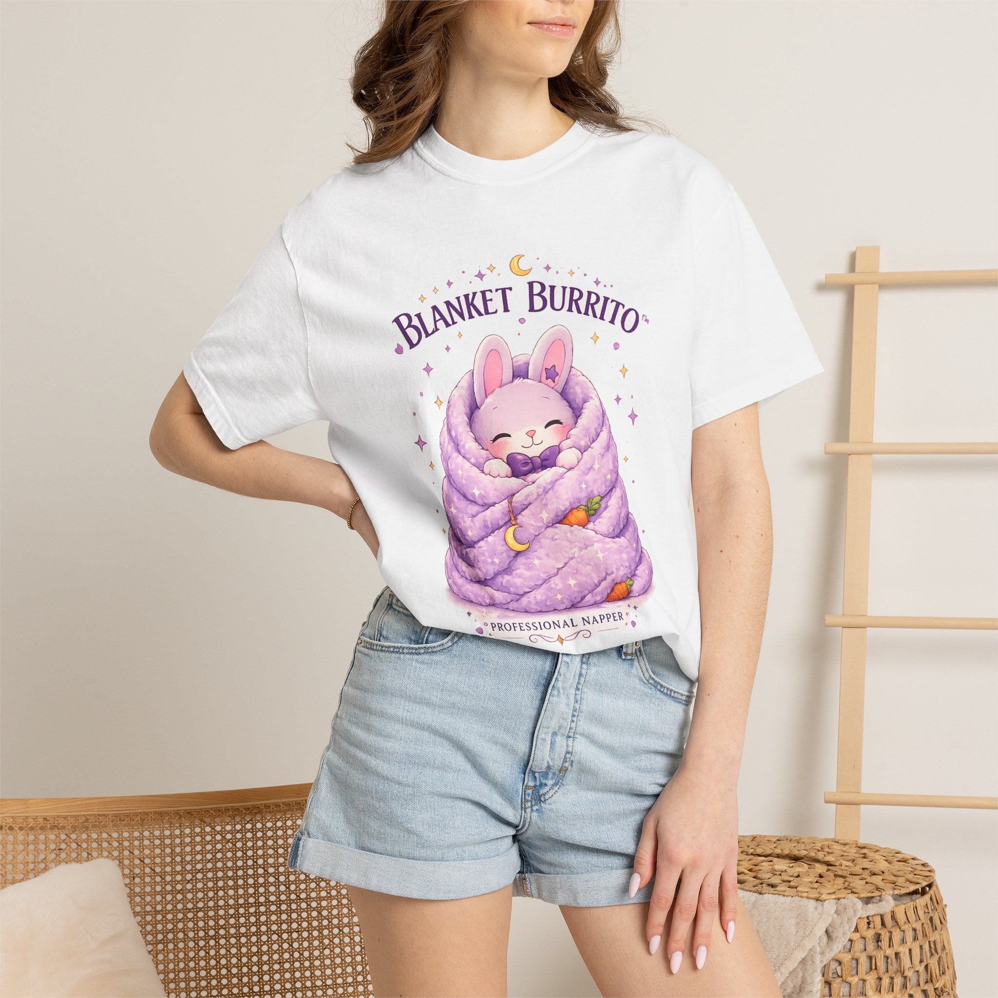 Blanket Burrito T‑Shirt — Cute Bunny Wrapped in Cozy Purple Blanket (Sleepy Comfort, Gift for Animal Lovers)