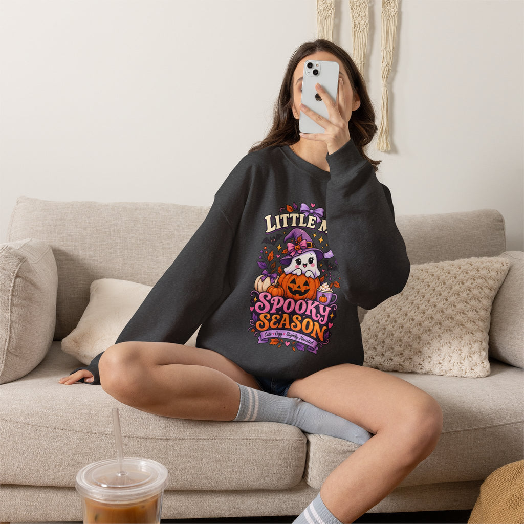 Little Miss Spooky Season Sweatshirt — Cute Halloween Ghost & Pumpkin Crewneck