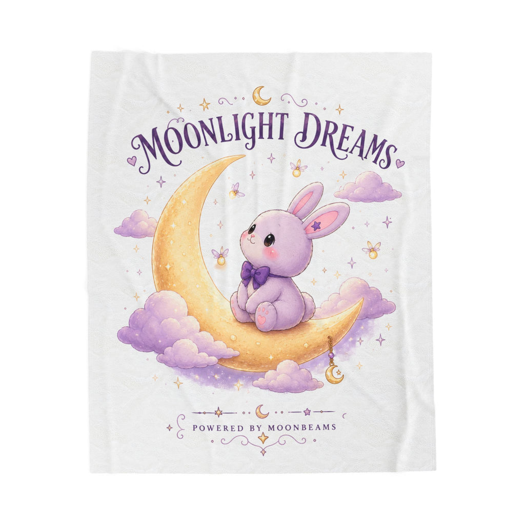 Moonlight Dreams Plush Blanket — Cute Bunny on Crescent Moon Velveteen Throw