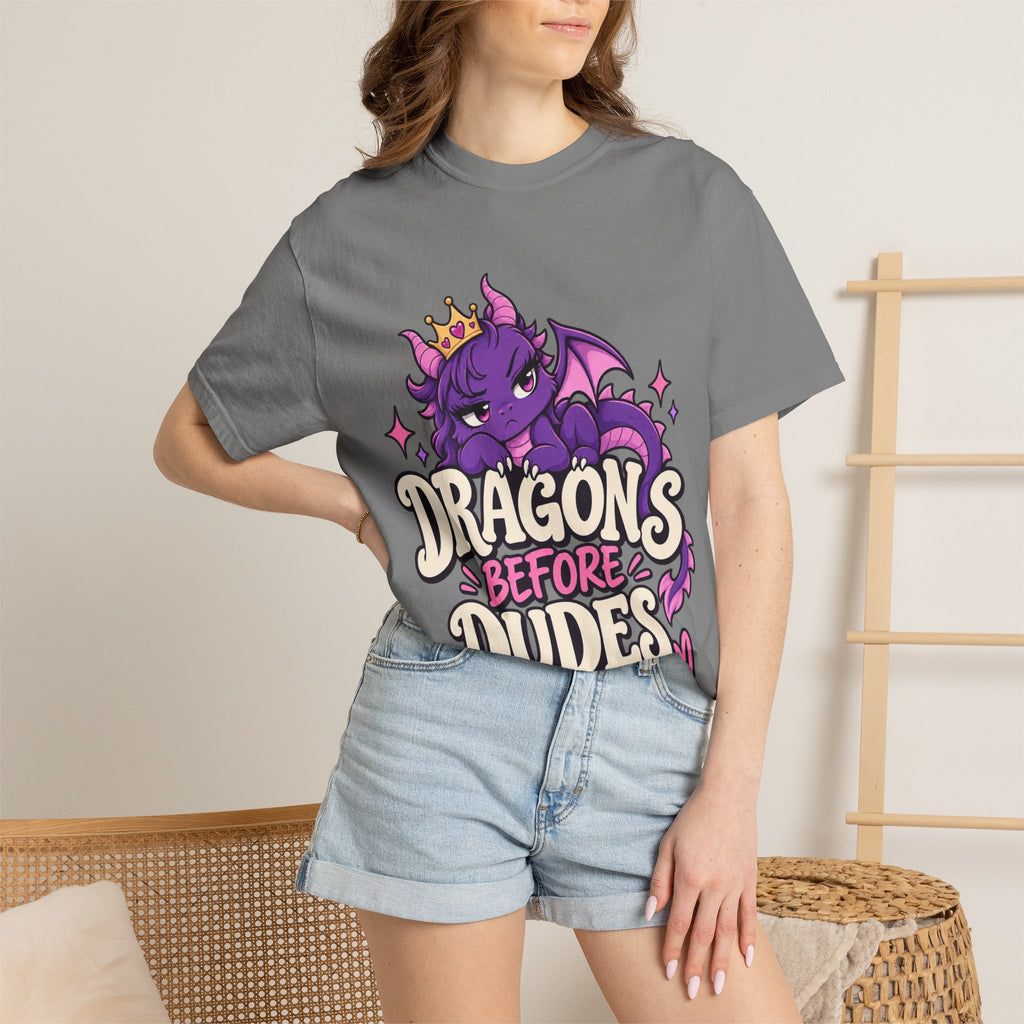 Dragons Before Dudes T-Shirt — Cute Purple Dragon Graphic Tee for Women & Fans