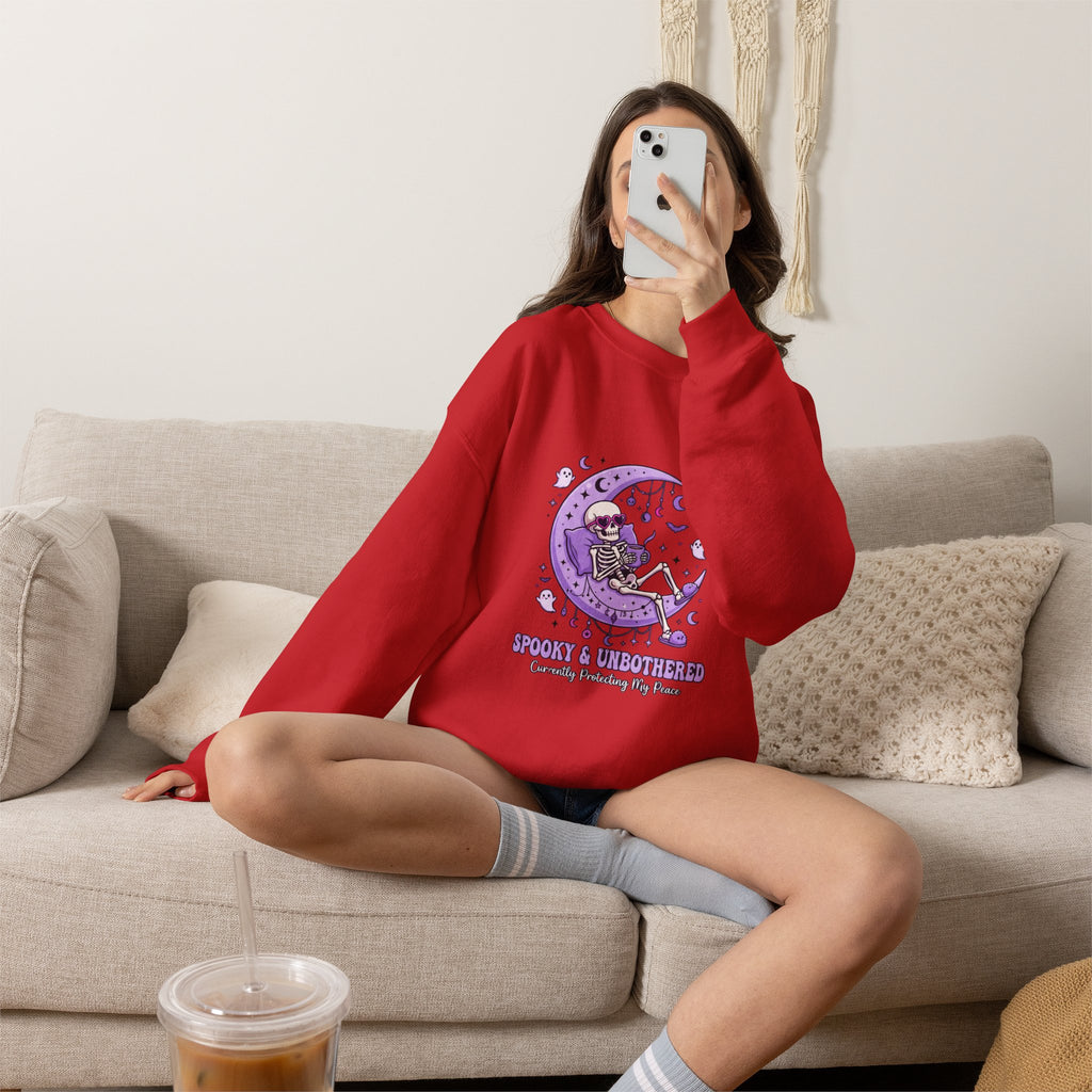 Skeleton on Moon Crewneck Sweatshirt — "Spooky & Unsocialized" Purple Gothic Graphic