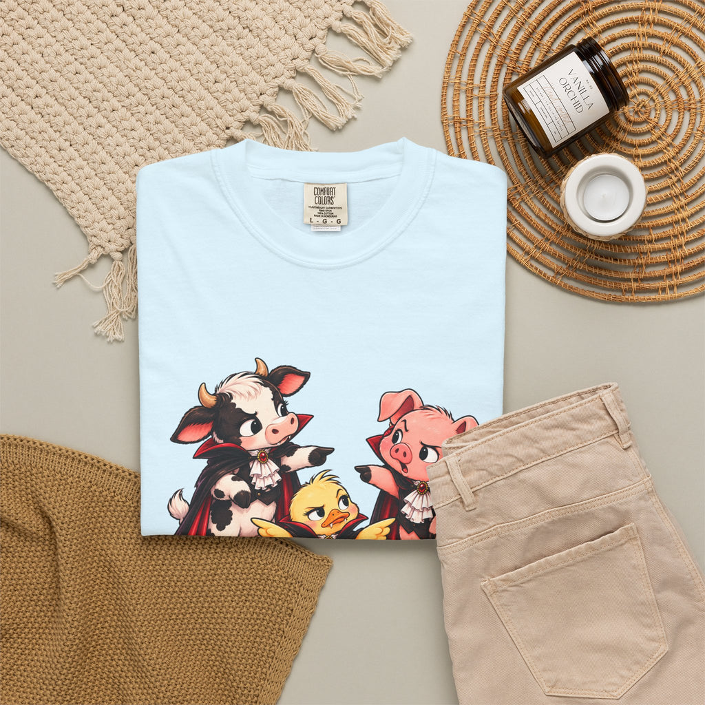 "This is why we have a wardrobe meeting first!" Cow, Pig & Chick Cartoon Graphic Tee