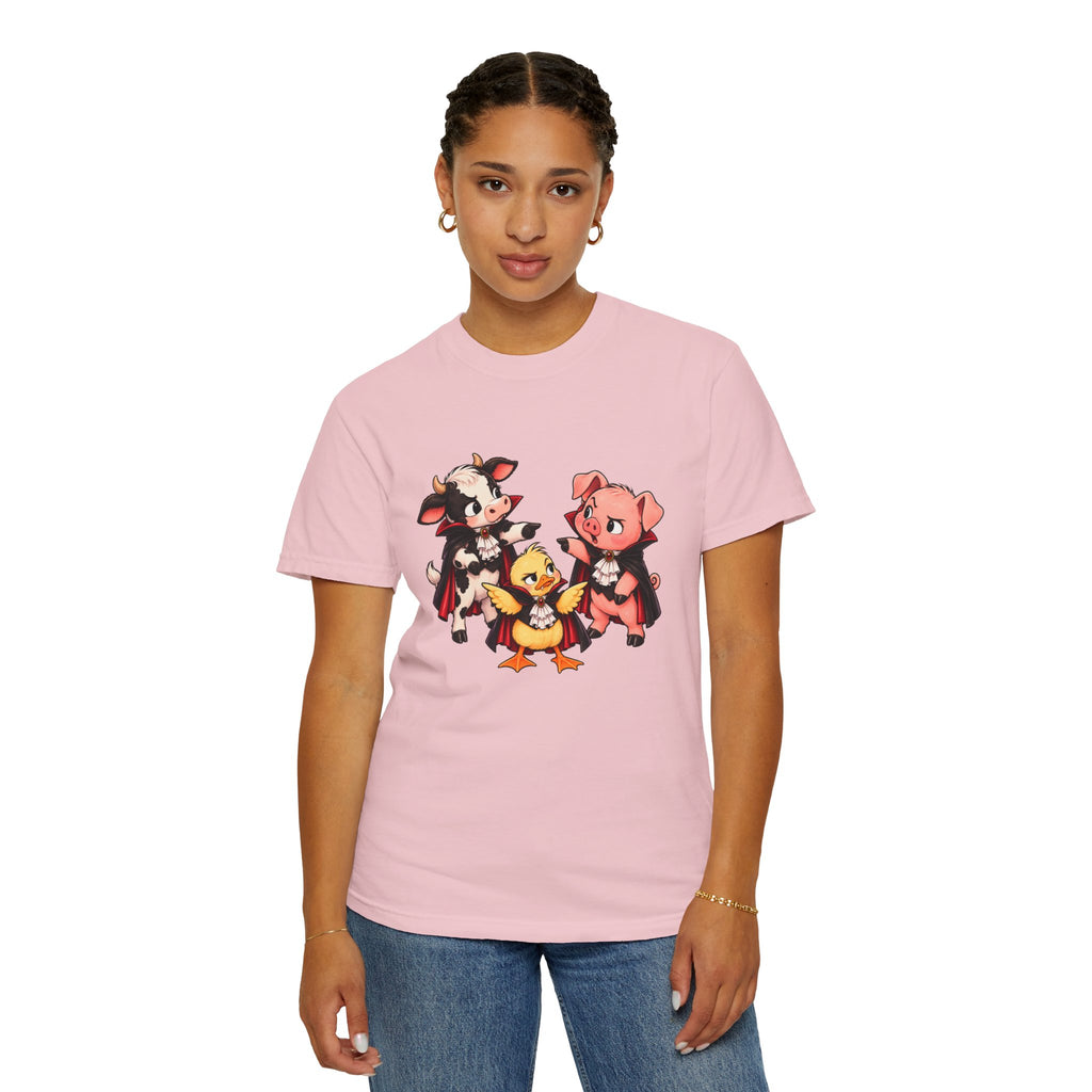 "This is why we have a wardrobe meeting first!" Cow, Pig & Chick Cartoon Graphic Tee