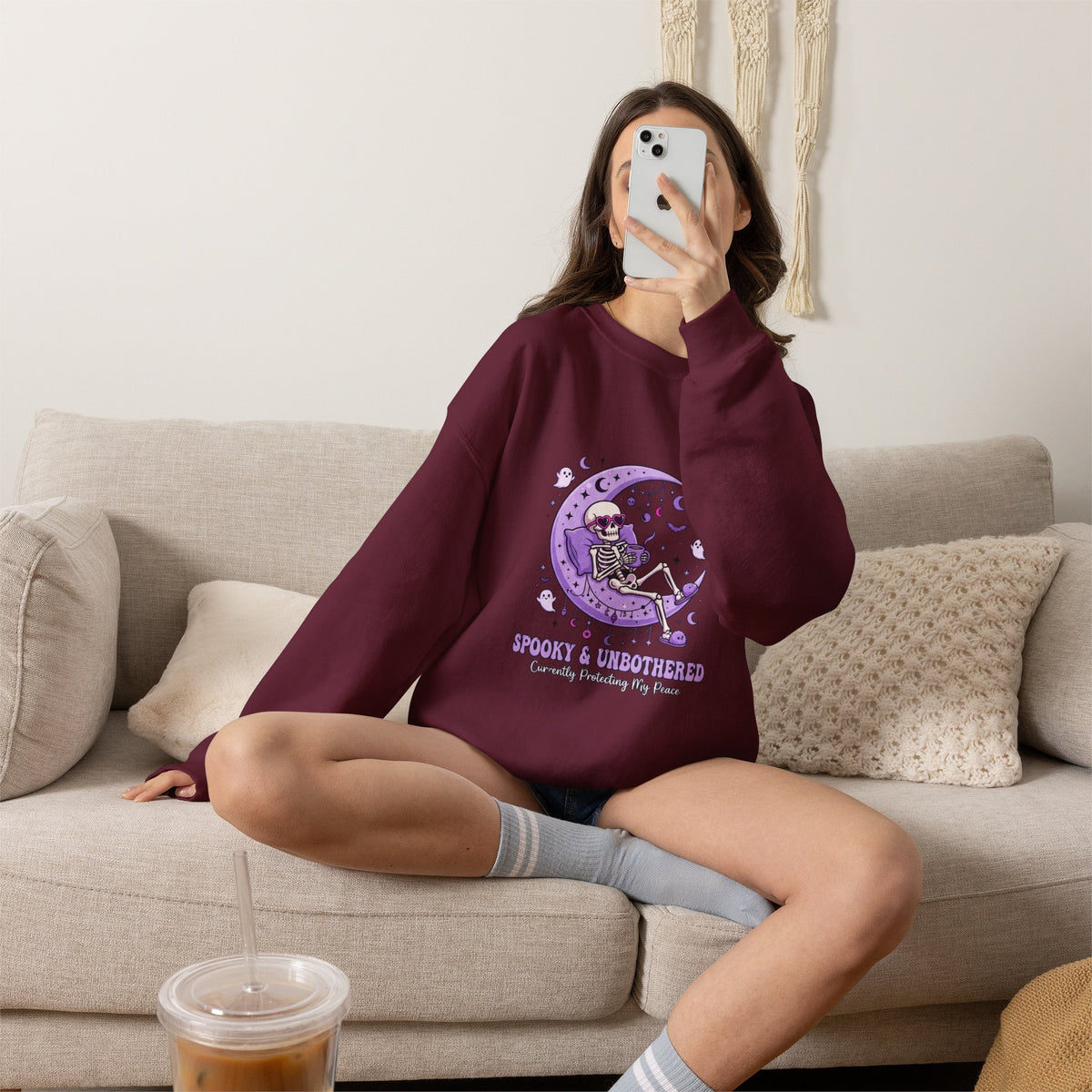 Skeleton on Moon Crewneck Sweatshirt — "Spooky & Unsocialized" Purple Gothic Graphic
