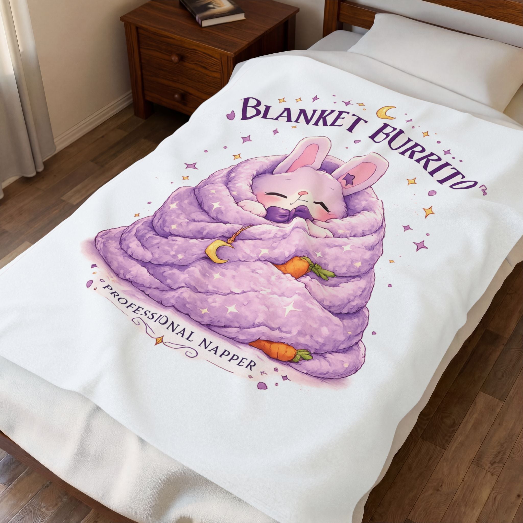 Blanket Burrito Velveteen Plush Blanket — Cute Bunny ‘Professional Napper’ Throw