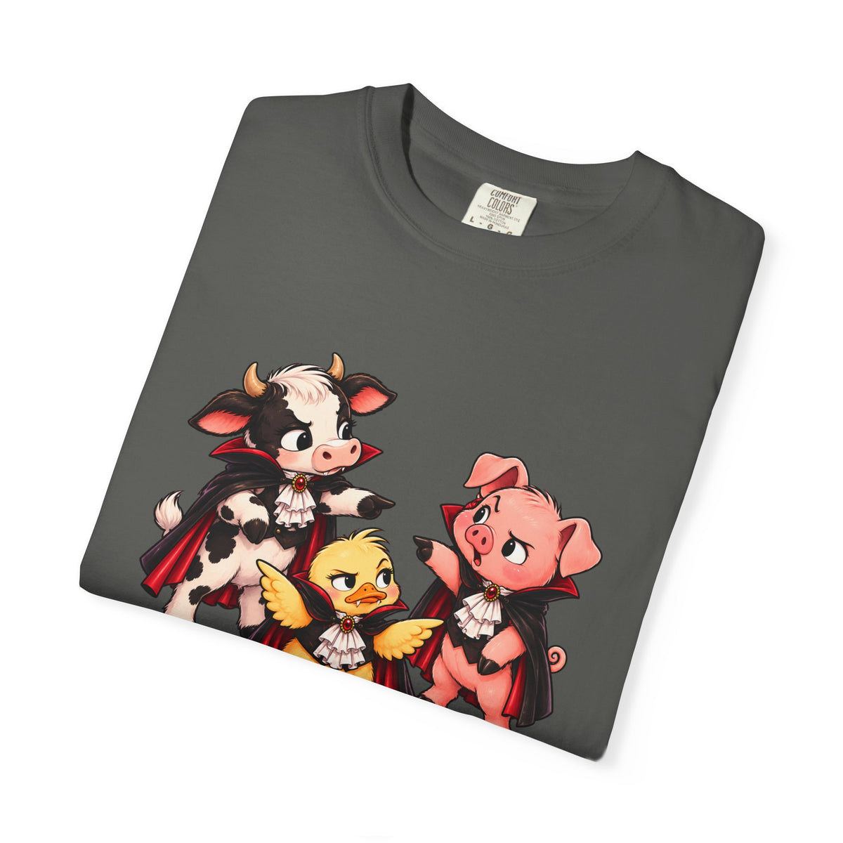 "This is why we have a wardrobe meeting first!" Cow, Pig & Chick Cartoon Graphic Tee