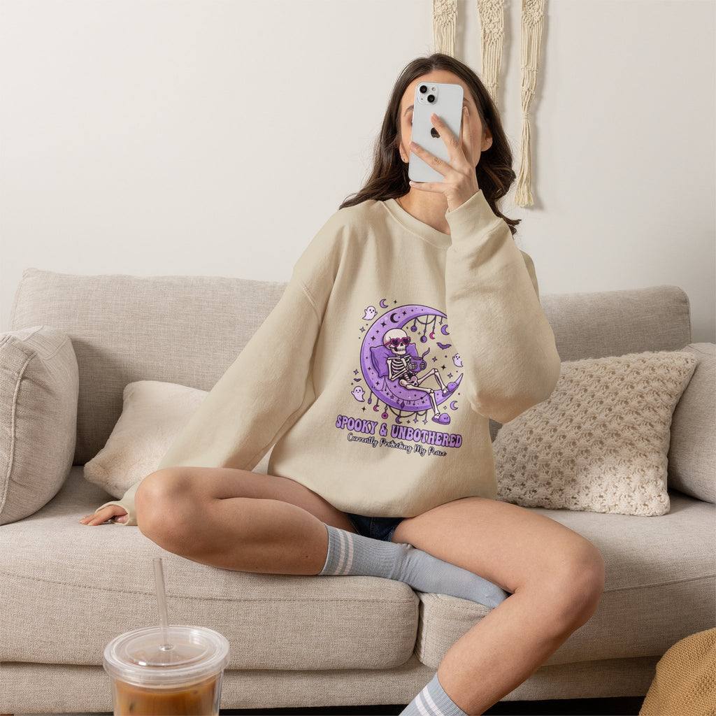 Skeleton on Moon Crewneck Sweatshirt — "Spooky & Unsocialized" Purple Gothic Graphic