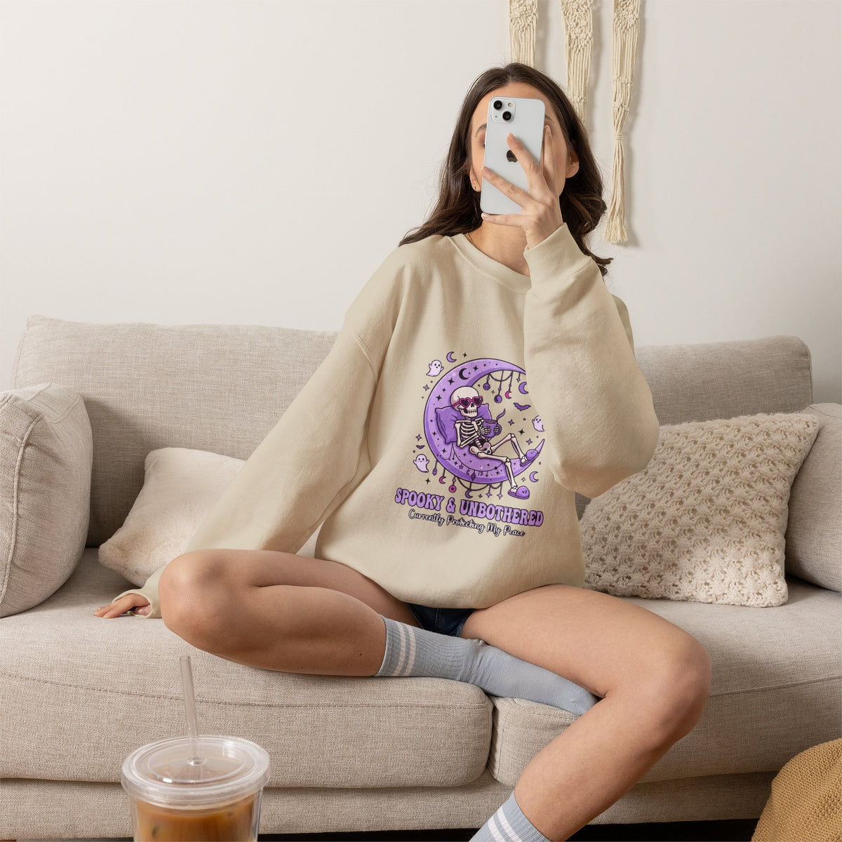 Skeleton on Moon Crewneck Sweatshirt — "Spooky & Unsocialized" Purple Gothic Graphic