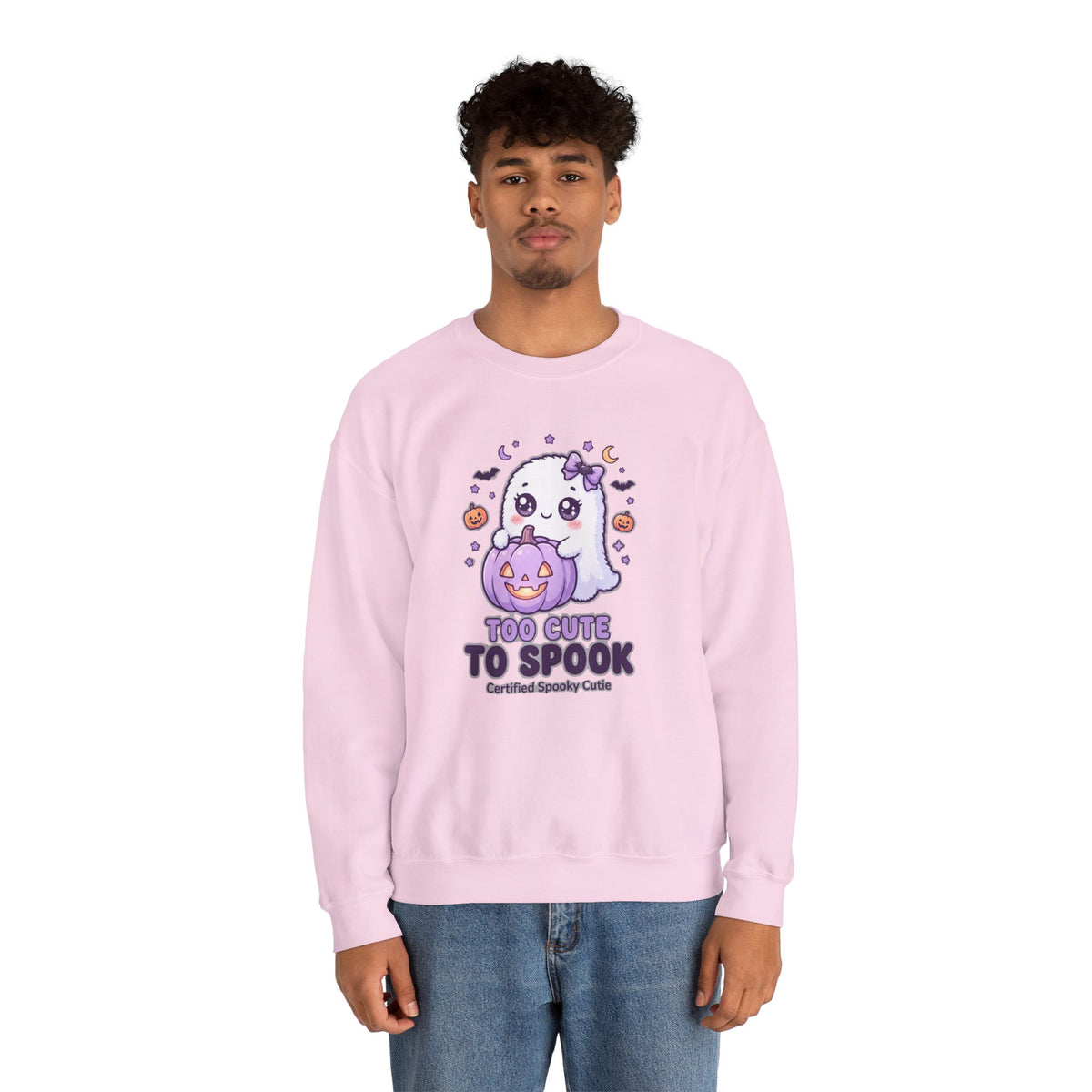 Crewneck Sweatshirt — "Too Cute to Spook" Ghost Pumpkin Halloween Pullover
