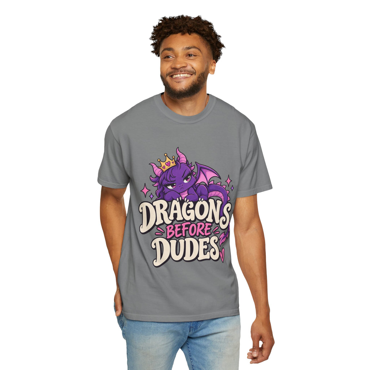 Dragons Before Dudes T-Shirt — Cute Purple Dragon Graphic Tee for Women & Fans