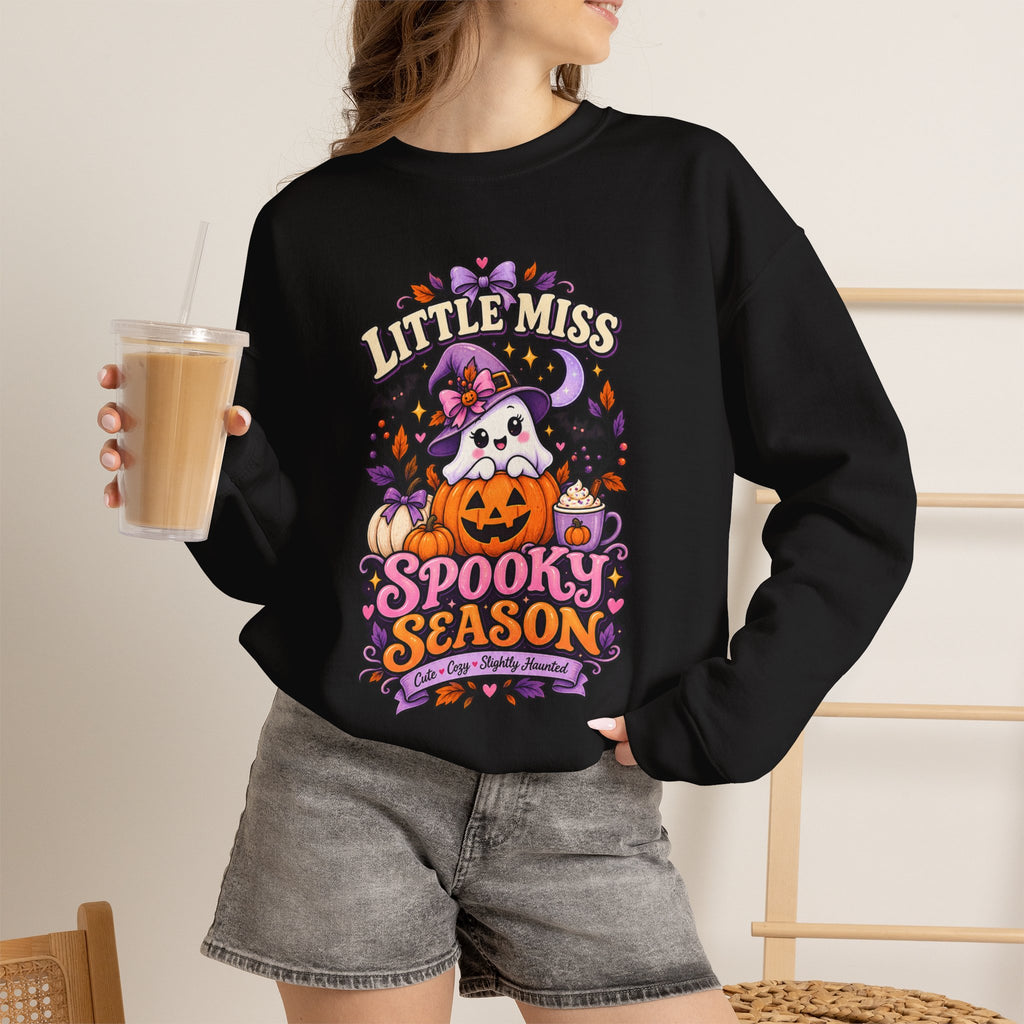 Little Miss Spooky Season Sweatshirt — Cute Halloween Ghost & Pumpkin Crewneck