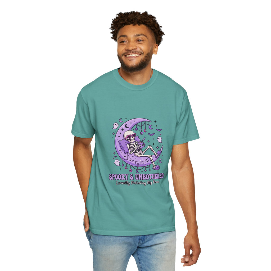 Spooky & Unbothered Skeleton Moon T-Shirt — Relaxed Gothic Graphic Tee
