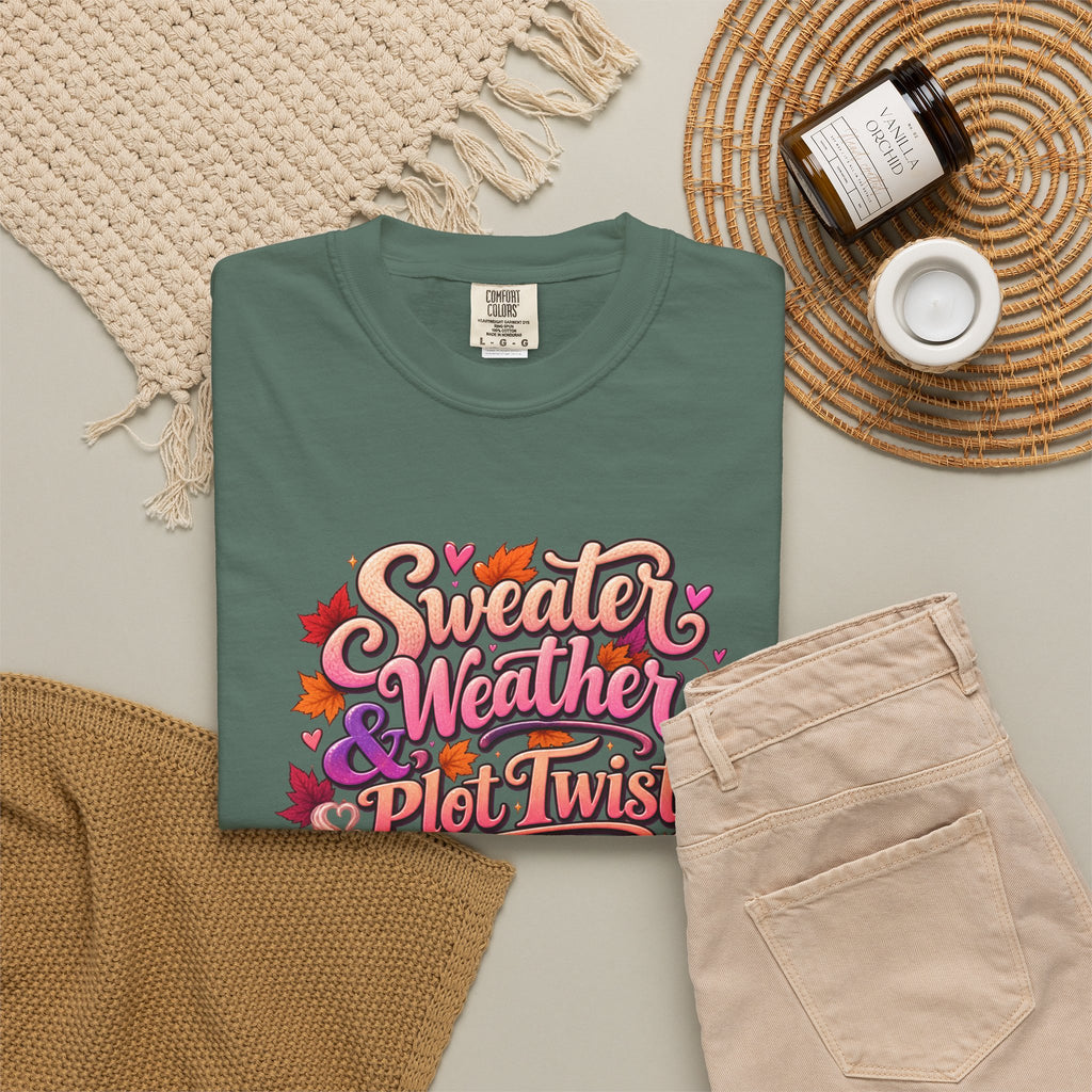 Sweater Weather Plot Twists Tee — Cozy Autumn Book Lover T-Shirt