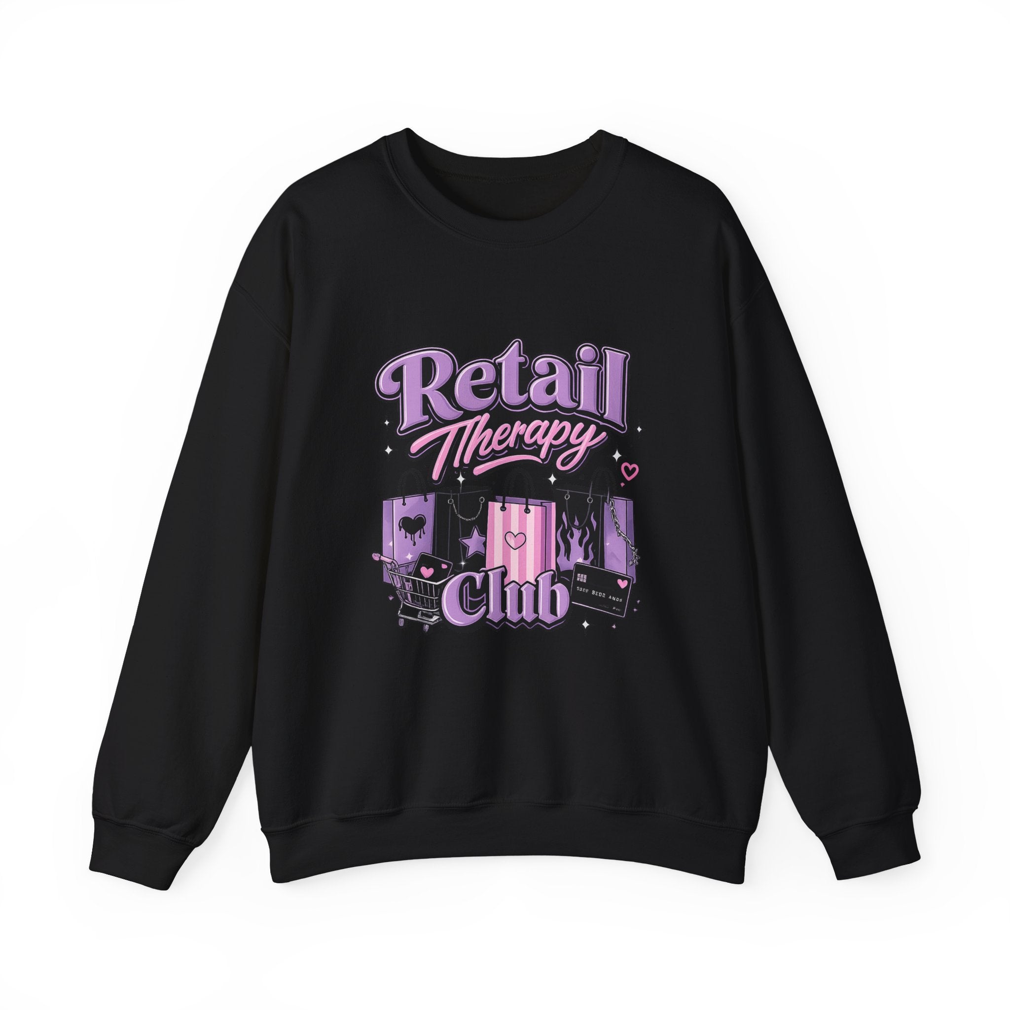 Retail Therapy Club Sweatshirt — Cute Pink & Purple Shopping Graphic Crewneck