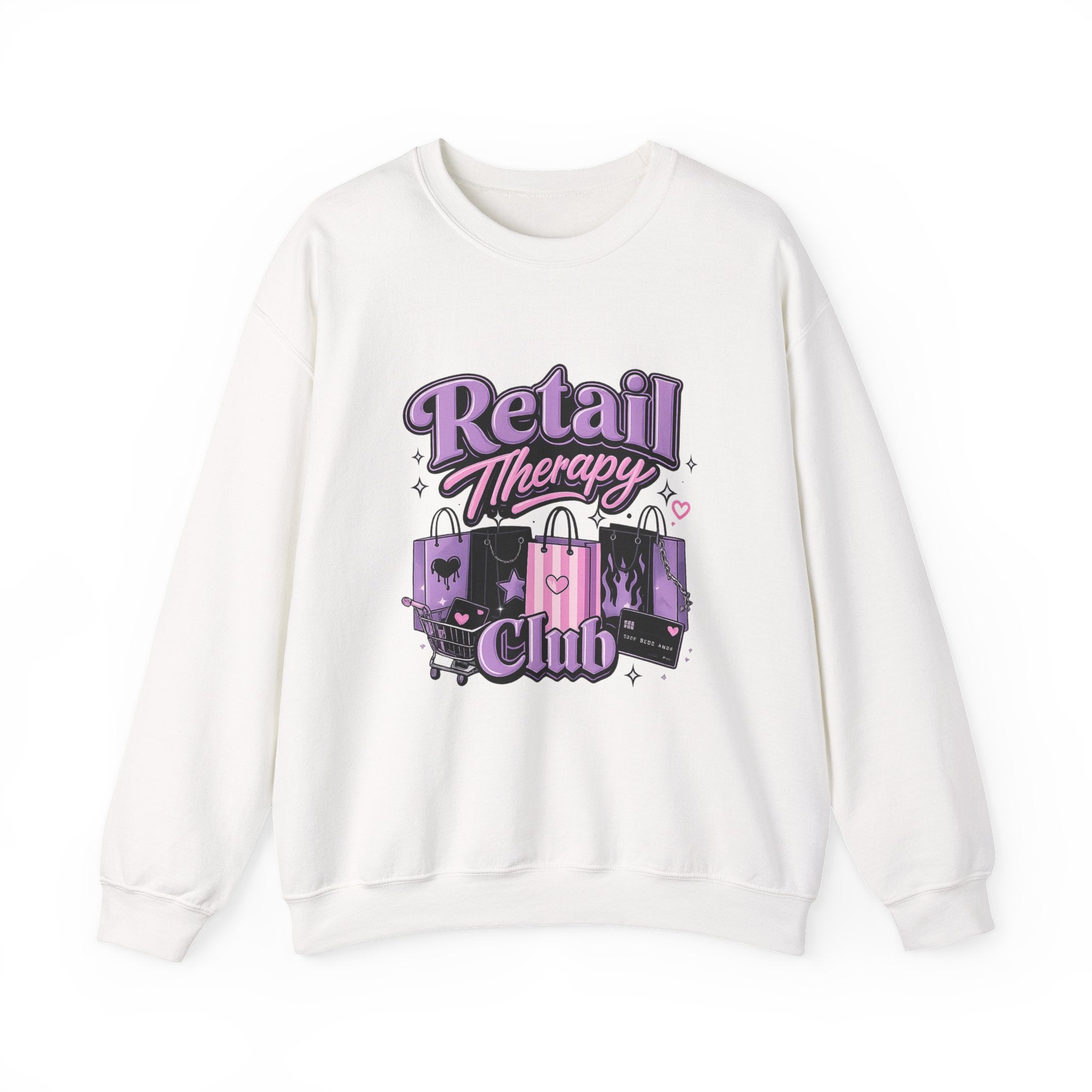 Retail Therapy Club Sweatshirt — Cute Pink & Purple Shopping Graphic Crewneck