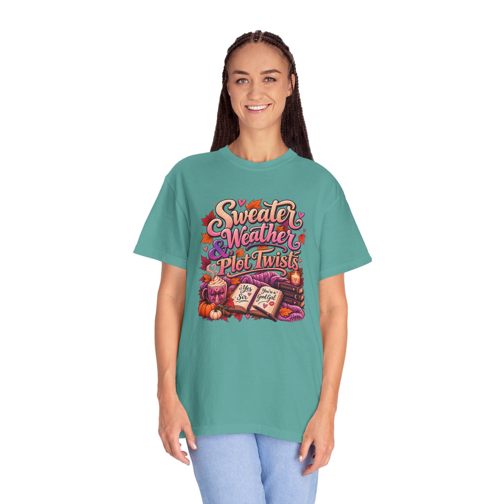 Sweater Weather Plot Twists Tee — Cozy Autumn Book Lover T-Shirt