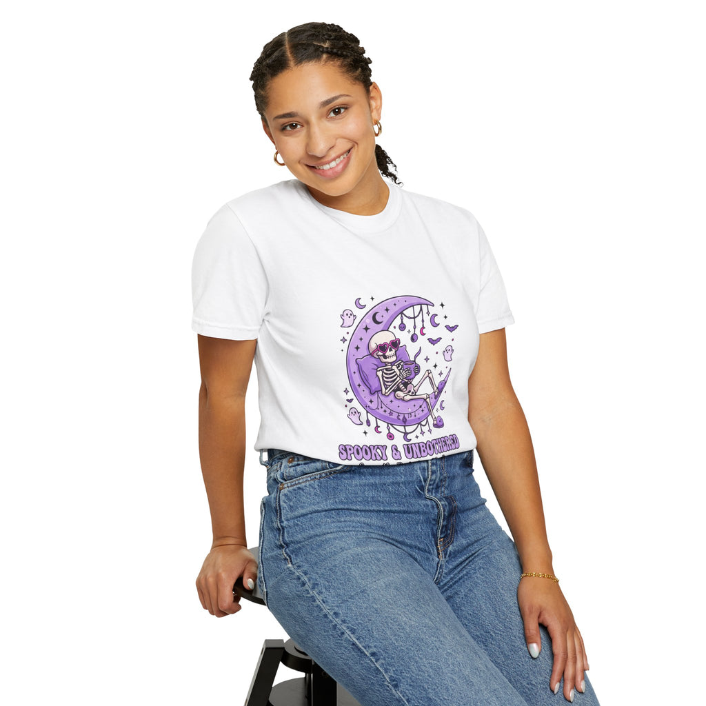 Spooky & Unbothered Skeleton Moon T-Shirt — Relaxed Gothic Graphic Tee