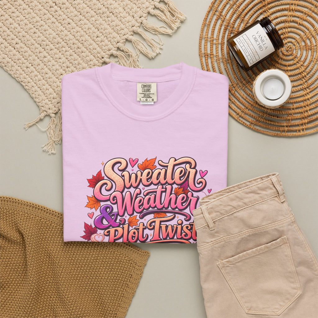 Sweater Weather Plot Twists Tee — Cozy Autumn Book Lover T-Shirt