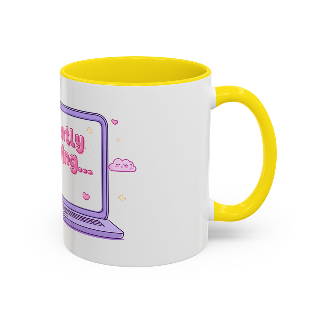 Accent Coffee Mug — "Currently Buffering" Cute Kawaii Laptop Design